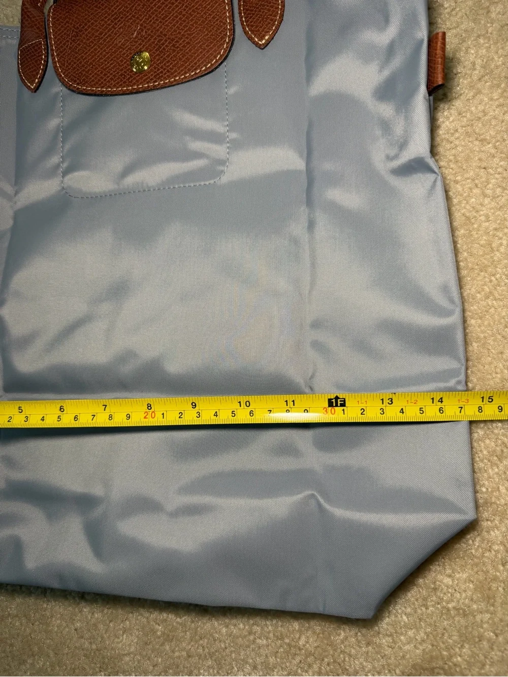 Longchamp Le Pliage Women's Tote Bag in Light Blue with Brown Trim - Picture 3 of 12